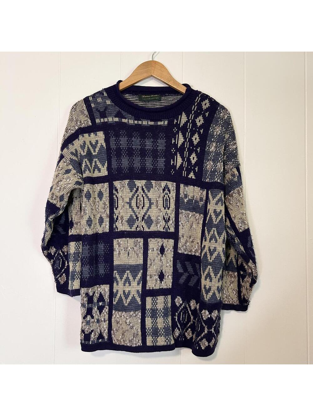 Vintage Dana Scott Blue Pattern Pullover Chunky Knit Sweater Women's Large